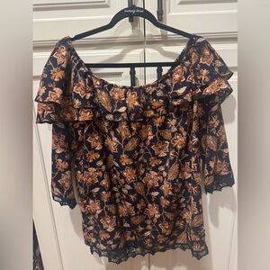 Knox Rose Floral Ruffle Blouse - Navy and Orange